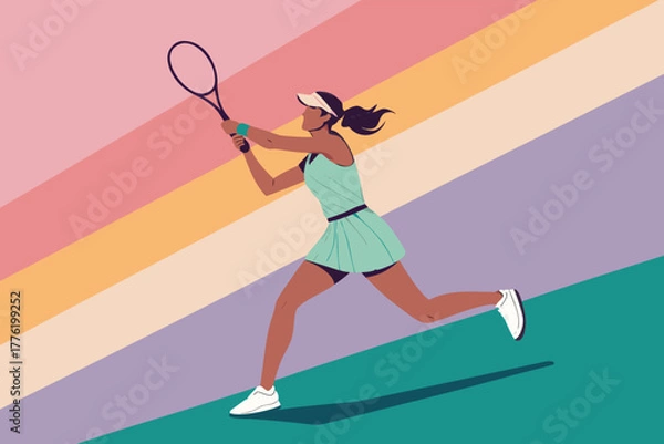 Obraz Dynamic female tennis player executing powerful forehand shot, side profile, focused intensity, athletic motion, vibrant court, full swing.
