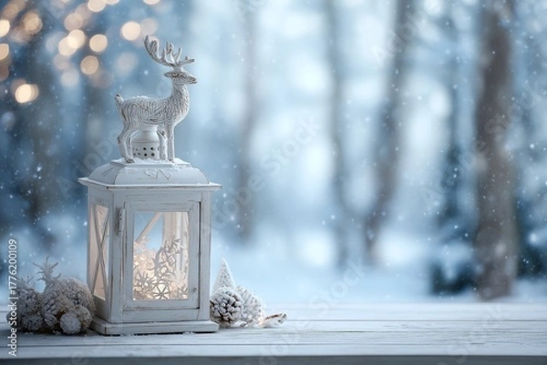 Fototapeta Winter Lantern with Reindeer on Snowy Background