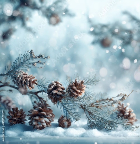 Fototapeta Snowy Pinecones and Pine Branches in Winter Scene