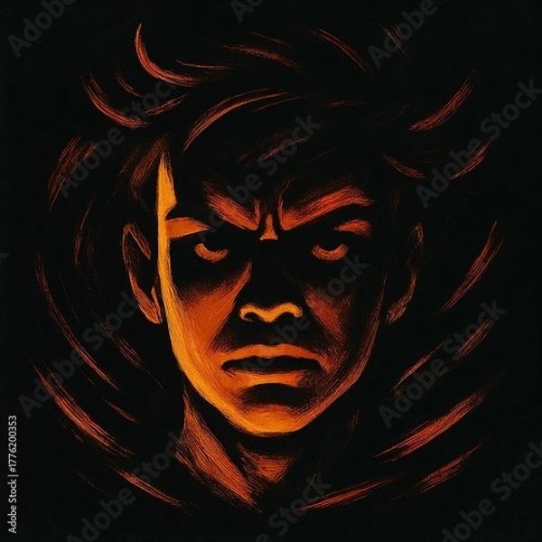 Fototapeta Angry face with fiery light on black brushstroke background