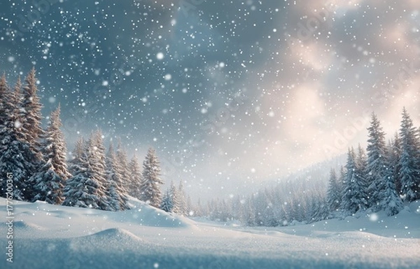 Obraz Snowy Winter Landscape with Pine Trees and Falling Snow