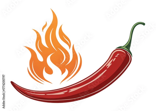 Fototapeta Spicy hot chili pepper with stylized orange flame, symbolizing hot and spicy food, heat, and fiery flavor. Isolated on white background. Perfect for food, restaurant, or spice concepts. PNG 2