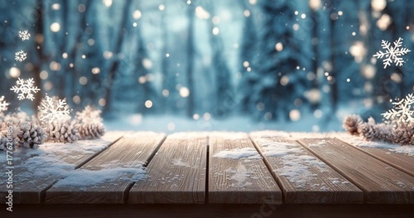 Fototapeta Snowy Winter Landscape with Wooden Table and Snowflakes
