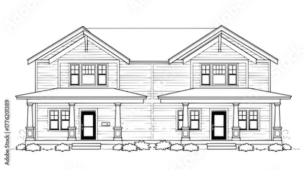 Fototapeta Classic Craftsman Duplex — A symmetrical black and white drawing of a Craftsman-style duplex, with low-pitched gable roofs, twin front porches with thick columns, and evenly spaced windows; rendered i