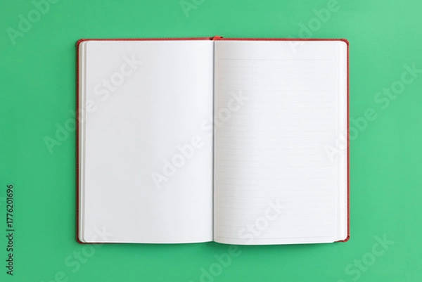 Obraz Overhead view blank open page book on green background.