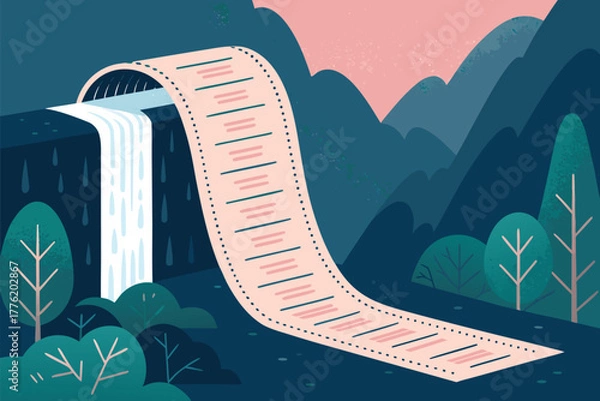 Obraz A colossal, endlessly unfurling digital receipt, its paper a cascade of glowing data, tumbling like a waterfall onto a modern desk.