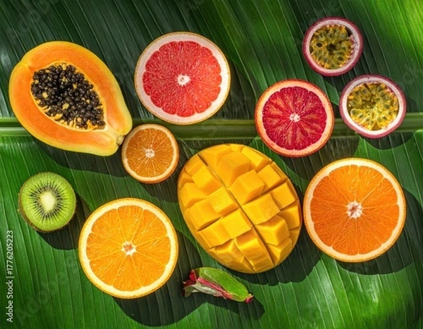 Obraz Assortment of Fresh Tropical Fruits Sliced and Whole on a Textured Green Banana Leaf with Dramatic Shadows and Sunlight Highlights