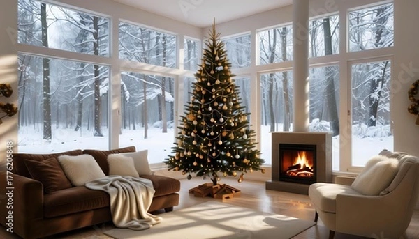 Fototapeta New Year's Eve interior in a room with a fireplace and windows