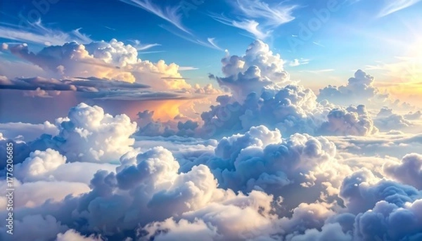 Fototapeta Expansive view above clouds; a sunlit sky with varied white and light blue hues and wisps of vapor