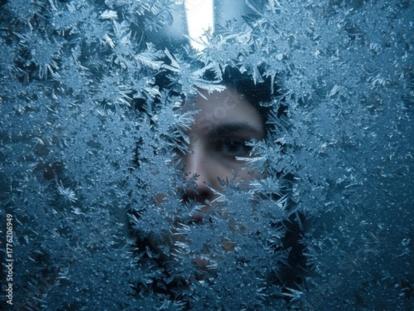 Obraz A person peers through a window frame covered in intricate blue frost and ice crystals, creating a cold, mysterious portrait.