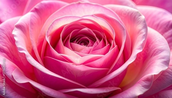 Fototapeta Extreme closeup of a pink rose with layered petals spiraling inward, bathed in soft, diffused light