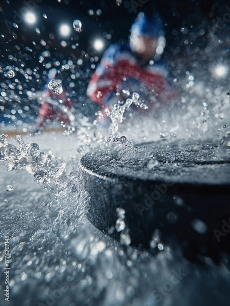 Obraz Puck Flying Across Ice During Hockey Game