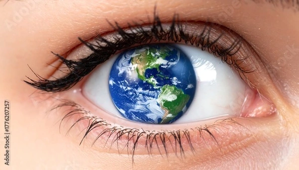Obraz Eye with Earth globe reflection. Focus on vision, planet, and awareness. Bright, close-up, detailed