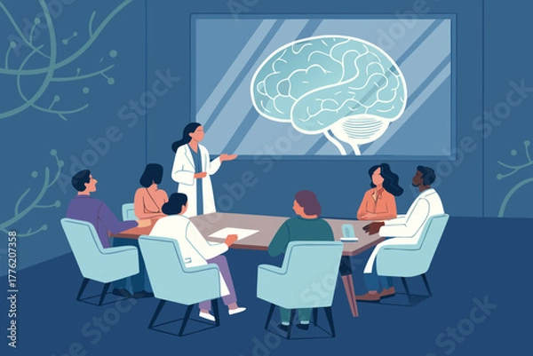 Obraz Professional doctors collaboratively discuss medical advancements and patient cases in a modern conference room.