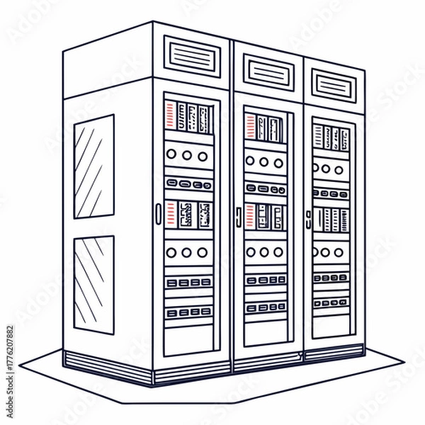 Fototapeta Clean line art illustration of a modern server rack cabinet with multiple modules and ventilation slots on a white background
