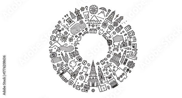 Fototapeta World landmarks doodle art circle, perfect for travel guides or international projects