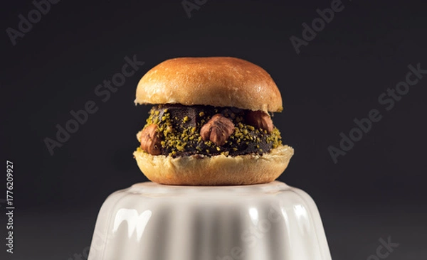 Fototapeta Blackberry and berry compote dessert in white cupGourmet dessert burger with hazelnut and pistachio crust