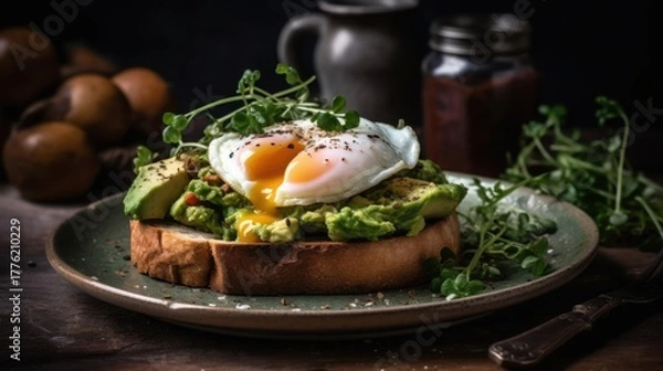 Obraz A gourmet avocado toast with a poached egg and microgreens served on a plate