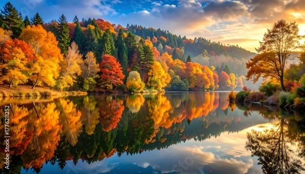 Obraz A picturesque fall scene; brilliant foliage reflected in calm, glassy water, with sunlight shining