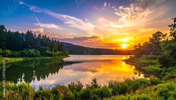 Obraz A picturesque lake scene, reflecting the fiery colors of a stunning sunset