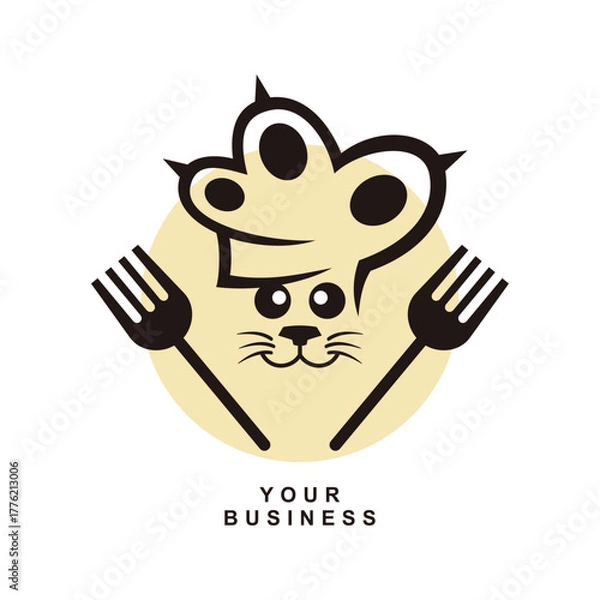 Fototapeta Cat Chef and fork Logo Design Template for Food and Beverage Business