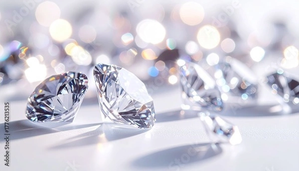 Obraz Sparkling Round Cut Diamonds Scattered on a White Surface with Soft Bokeh Lights in the Background