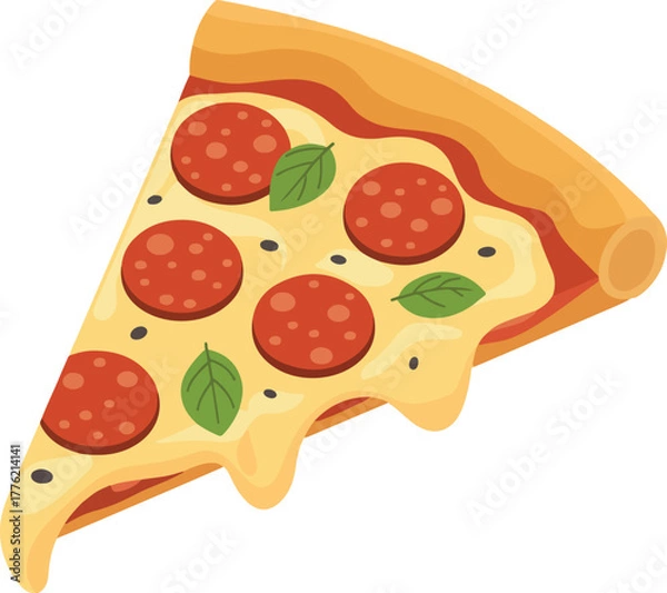 Obraz Pepperoni pizza slice vector illustration with melting cheese and fresh basil leaves on a golden crust