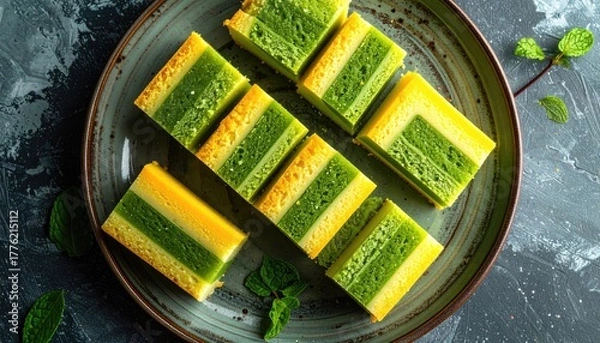 Obraz Overhead view of layered dessert slices with green and yellow stripes arranged on a dark textured plate garnished with fresh mint leaves and a dark moody background