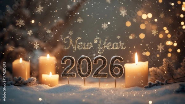 Obraz New Year 2026 with Snow, Lit Candles, and a Warm Winter Atmosphere
