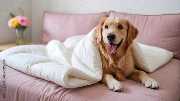 Fototapeta Golden Retriever dog lying on white comforter placed on pink couch cozy home pet comfort and relaxation concept