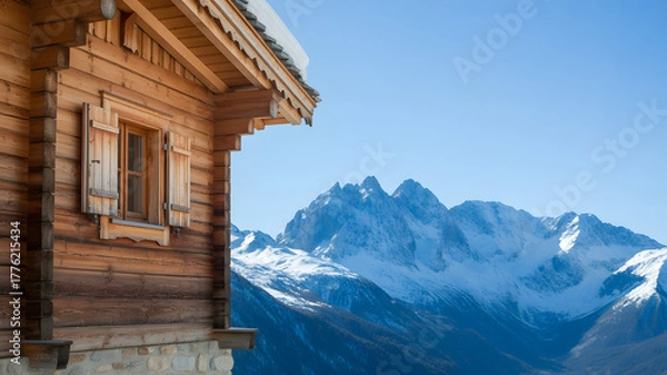 Fototapeta High-quality architectural photograph of traditional Alpine wooden chalet with snow-covered mountain peaks in background scenic winter design concept