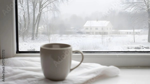 Fototapeta Serene winter scene photographed through window showing snow-covered view peaceful cozy atmosphere home comfort concept
