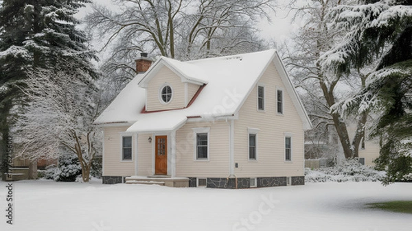 Fototapeta Winter photograph of two-story residential house covered in fresh white snow suburban home architecture and season concept