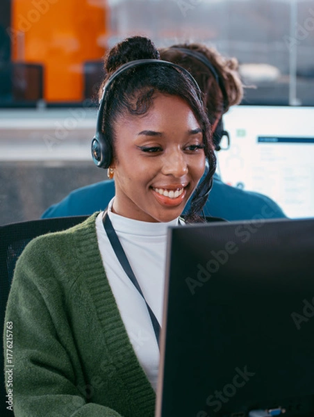 Obraz Expert Female Customer service representative agent working in Call Center office. Female Consultant, IT Support Operator working on desktop computer helping, talking with Client, Contact support.