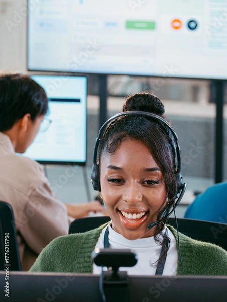 Fototapeta Young Female Customer support representative wearing headset talking consulting CRM, Telemarketing in Call Center office. friendly Customer Service Agent speak with client for Help and Online advice.