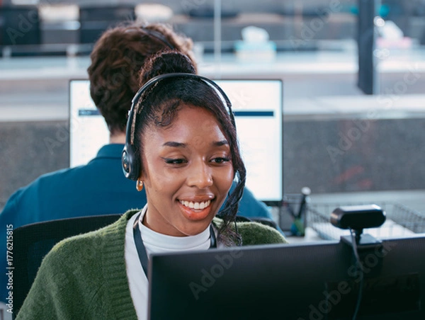 Fototapeta Telemarketing, Young Female Customer Service Agent talking, typing and helping client via headset using computer in call center office. Professional Female IT Support, Operator talk with client.