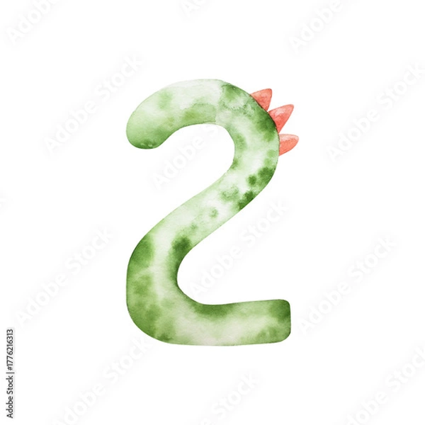 Fototapeta Cute dinosaur number two. Watercolor hand drawn prehistoric illustration for invitation card, nursery poster. Sketch on transparent background. Perfect for for nursery and baby shower, tropical design