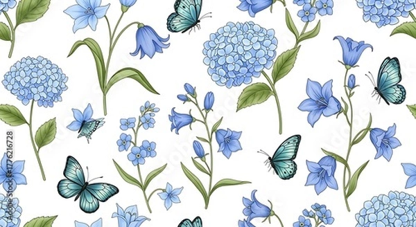 Obraz Blue Floral Pattern with Butterflies - A Serene and Elegant Design.