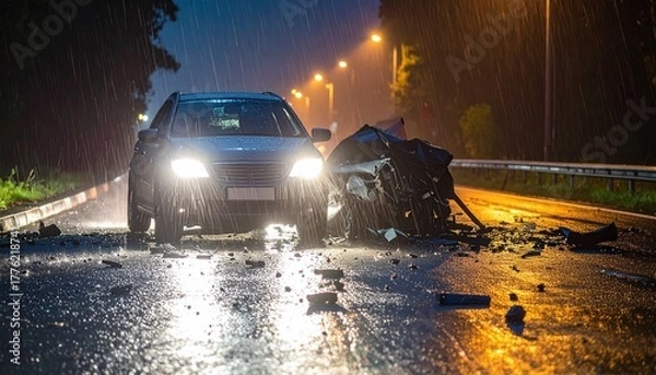 Obraz Nighttime car crash scene with debris on wet road under emergency lights.