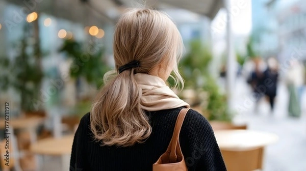 Obraz Rear view of a woman with a stylish blonde wavy ponytail and a beige scarf walking past a blurred outdoor cafe terrace with bokeh lights