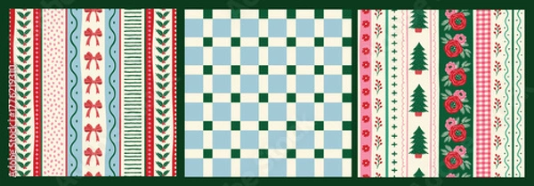 Fototapeta Christmas Seamless Pattern Set of Festive Stripes, Bows, Floral and Check Design in Blue Green and white. Perfect for wrapping paper, textiles, banners, backdrop, and holiday decor.