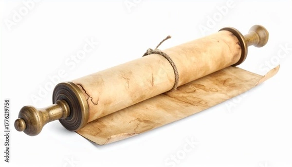 Obraz Aged parchment scroll partially unrolled with frayed edges and cylindrical rods.