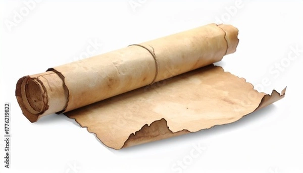 Obraz Aged parchment scroll partially unrolled with frayed edges and cylindrical rods.