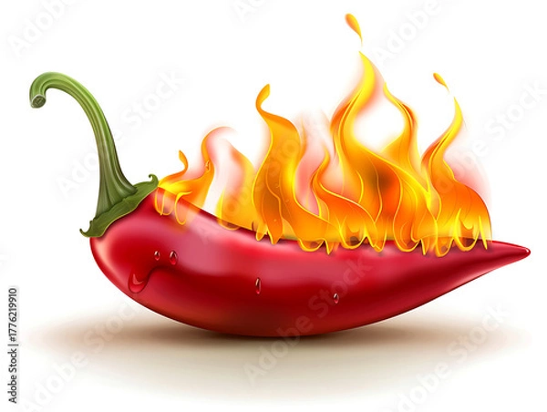 Obraz A vibrant red chili pepper engulfed in bright yellow flames against a white background 