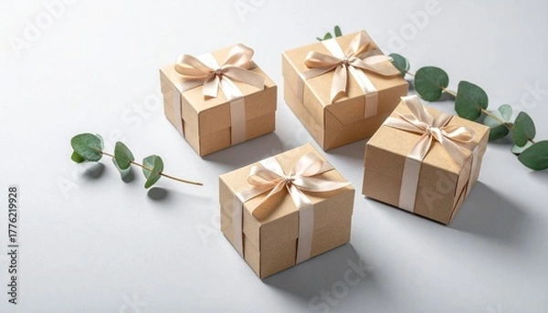 Obraz Kraft-wrapped gift boxes with pink satin bows and eucalyptus sprigs on gray surface.
