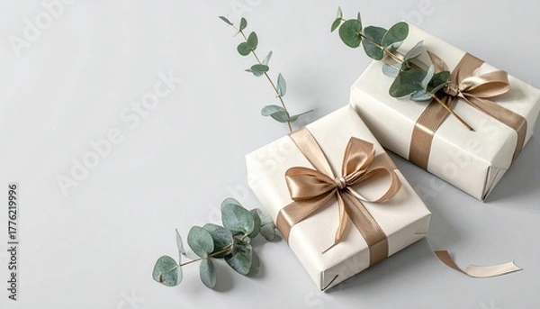 Obraz Kraft-wrapped gift boxes with pink satin bows and eucalyptus sprigs on gray surface.