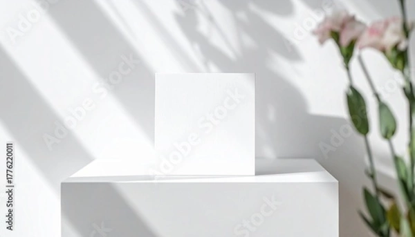 Obraz Minimalist white card with ceramic vases and twigs on softly lit surface.