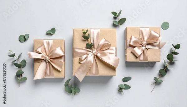 Obraz Kraft-wrapped gift boxes with pink satin bows and eucalyptus sprigs on gray surface.