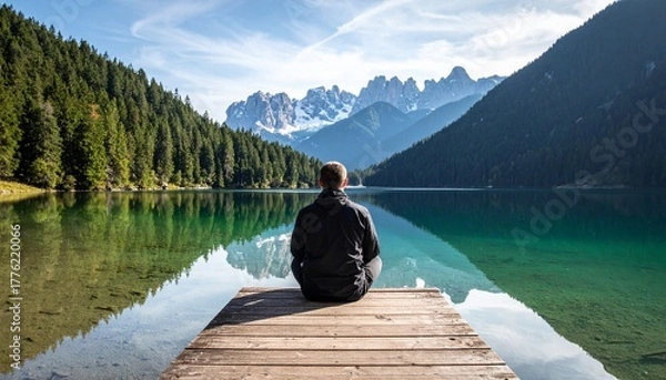 Obraz Person meditating on dock overlooking calm lake and mountain landscape at twilight.