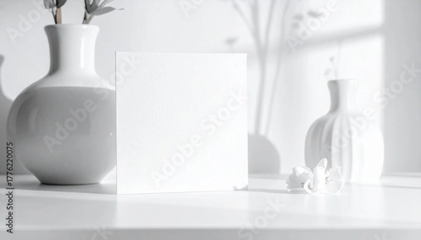 Obraz Minimalist white card with ceramic vases and twigs on softly lit surface.